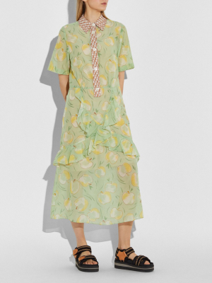 Apple Print Long Ruffle Shirt Dress