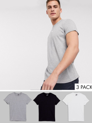 Asos Design 3 Pack T-shirt With Crew Neck And Roll Sleeve