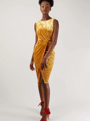 Gold Shiny Velvet Draped Sleeveless Wrap Dress