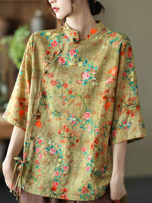 Plus Size - Cotton Linen Floral Irregular Vintage Shirt