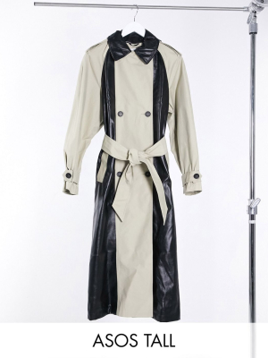 Asos Design Tall Spliced Vinyl Trench Coat In Stone And Black