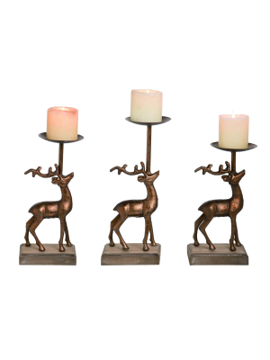 Transpac Metal 13 In. Bronze Christmas Reindeer Pillar Candle Holders Set Of 3