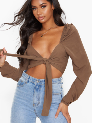 Chocolate Puff Long Sleeve Tie Crop Blouse