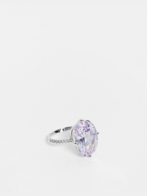 Asos Design Ring With Oval Cz Crystal Stone In Silver Tone