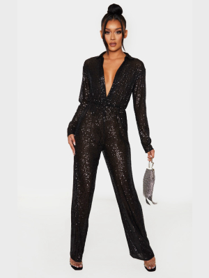 Black Sequin Collar Detail Long Sleeve Jumpsuit