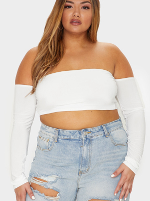 Plus White Slinky Bardot Long Sleeve Crop Top