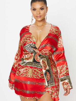 Plus Red Printed Satin Long Sleeve Wrap Dress