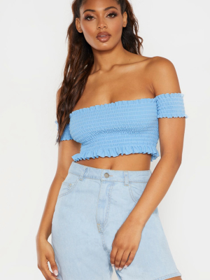 Tall Dusty Blue Shirred Bardot Crop Top