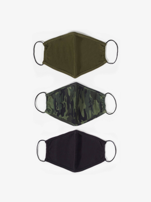 Social Standard By Sanctuary Adult 3pk Cotton Face Mask - Black/olive Camo