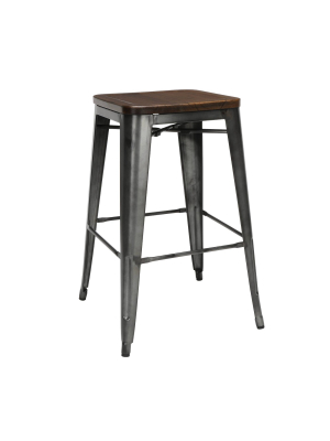 Set Of 4 30" Industrial Modern Backless Galvanized Steel Barstools With Solid Ash Wood Seats - Ofm