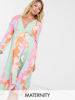 Queen Bee Maternity Frilly Wrapover Midi Dress In Contrast Overscale Floral Print