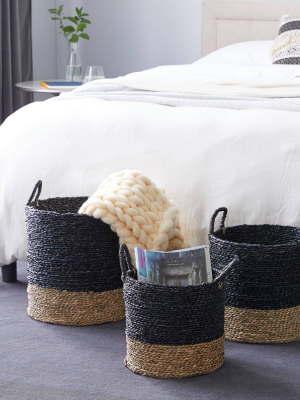 Olivia & May 14"x16"x18" Set Of 3 Natural Woven Round Seagrass Baskets With Handles Black