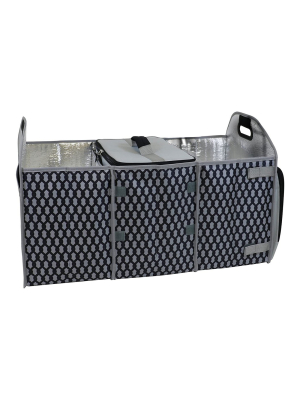 Homz Insulated Foldable Fabric 3 Section Trunk Organizer Storage With Portable Cooler Bag For Equipment, Groceries, And Supplies, Gray/black