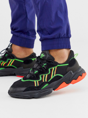 Adidas Originals Ozweego Sneakers In Black With Neon Stripes