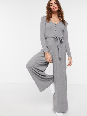 Asos Design Lounge Rib Long Sleeve Belted Jumpsuit In Gray