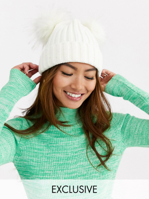 My Accessories London Exclusive Double Pom Beanie Hat In Winter White