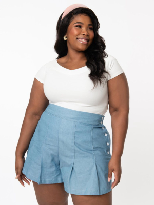 Unique Vintage Plus Size Light Blue Chambray Joyce Shorts