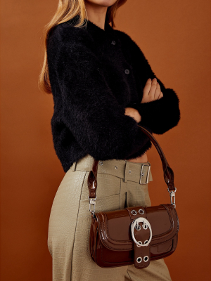 Patent Brown Oval Buckle Shoulder Bag