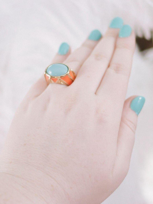 Vintage Turquoise Glass Cabochon And Coral Enamel Statement Ring