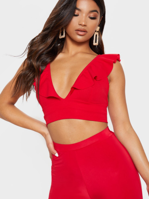 Red Frill Edge Plunge Crop Top