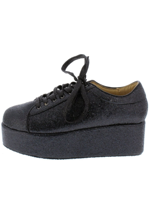 Makayla072 Black Glitter Lace Up Platform Flat