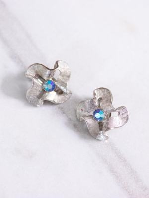 Vintage Silver Crinkle Earrings With Blue Aurora Rhinestones