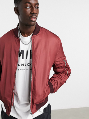 Asos Design Quilted Bomber Jacket With Ma1 Pocket In Burgundy