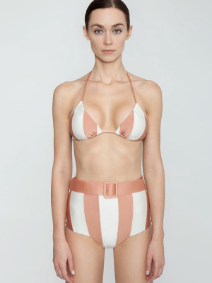 Halter Triangle Bikini Top - Rose Pink/off White Stripe Print