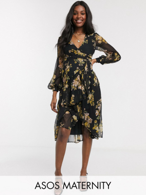 Asos Design Maternity Wrap Waist Midi Dress With Double Layer Skirt And Long Sleeve In Black Floral Print
