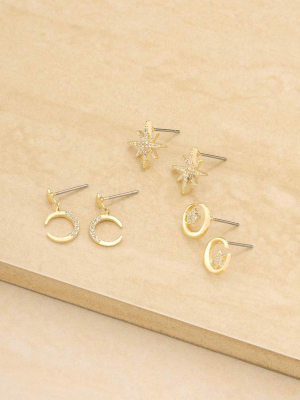 Celestial Stud And Mini Dangle 18k Gold Plated Earring Set Of 3