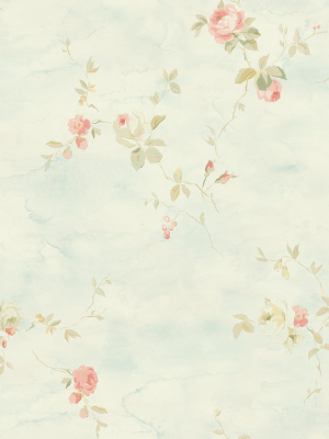 Rose Stripe Wallpaper In Blue And Blush From The Watercolor Florals Collection By Mayflower Wallpaper