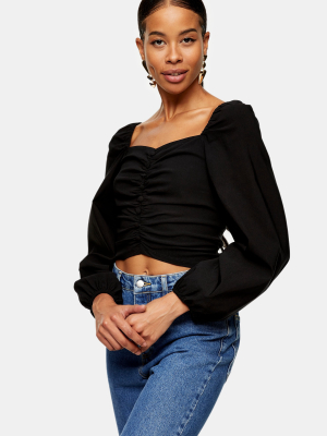 Black Stretch Button Front Top