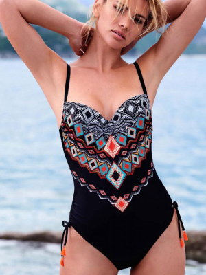 Ethnic Geometric Cinch Side Sweetheart Brazilian One Piece Swimsuit