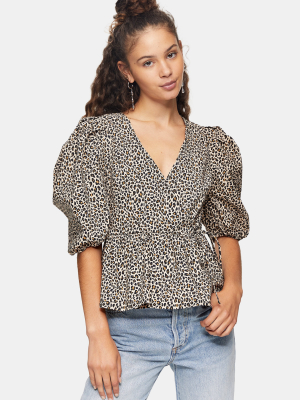 Animal Print Puff Sleeve Wrap Blouse