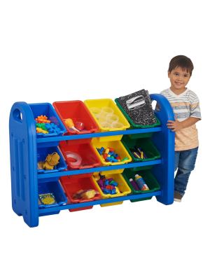 Ecr4kids 3-tier Toy Storage Organizer For Kids, Blue With 12 Assorted Color Bins