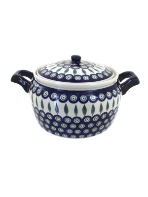 Blue Rose Polish Pottery Peacock Round Baker With Lid