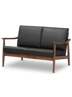 Venza Mid Modern Walnut Wood Faux Leather 2 Seater Loveseat Black - Baxton Studio