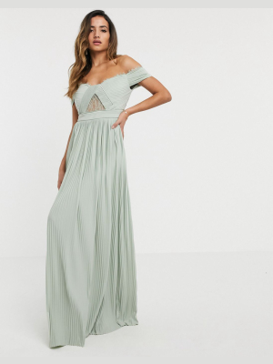 Asos Design Premium Lace And Pleat Bardot Maxi Dress In Sage