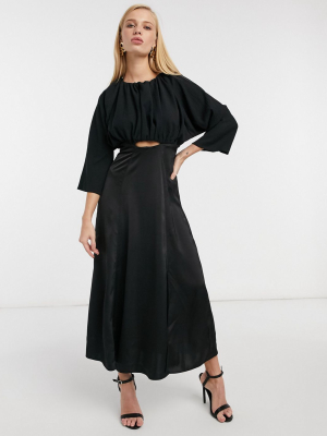 Asos Design Premium Casual Batwing Sleeve Mixed Fabric Textured Maxi Dress In Black