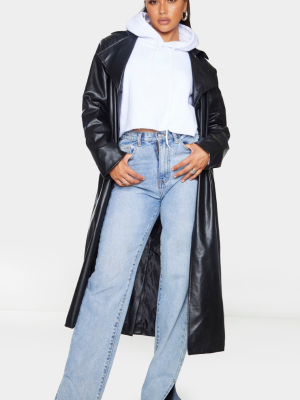 Black Faux Leather Collar Belted Maxi Trench