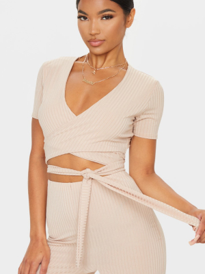 Stone Rib Tie Front Wrap Over Crop Top