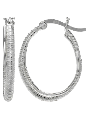 Women's Click Top Textured Oval Hoop Earring In Sterling Silver - Silver (30mm)