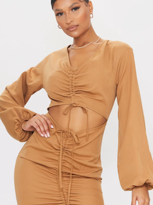 Camel Woven Double Ruched Cut Out Bodycon Dress