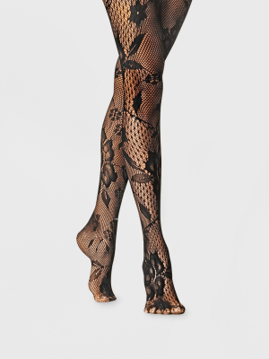 Women's Large Mix Net Floral Tights - A New Day™ Black