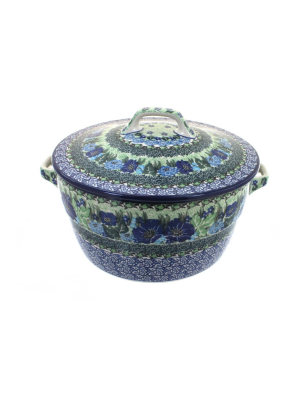 Blue Rose Polish Pottery Sapphire Fields Round Baker With Lid