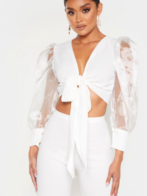 White Sheer Puff Sleeve Tie Front Shirt