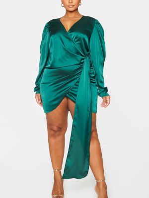 Plus Emerald Green Satin Puff Sleeve Wrap Dress