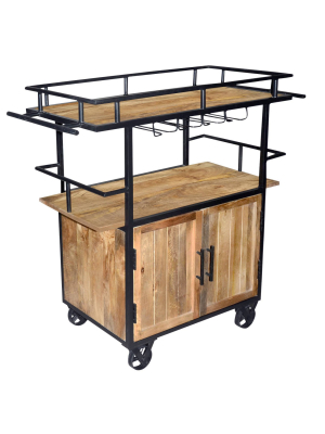 Wood And Metal Bar Cart With Double Door Storage And Casters Brown/black - The Urban Port