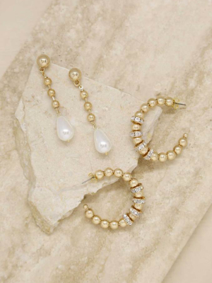 Double Take Pearl And Crystal 18k Gold Plated Earring Set