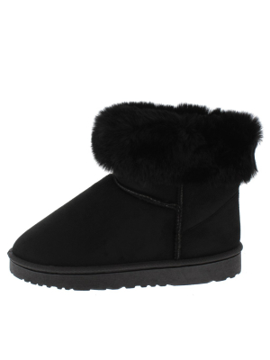 R0012 Black Faux Fur Fold Over Lug Sole Boot